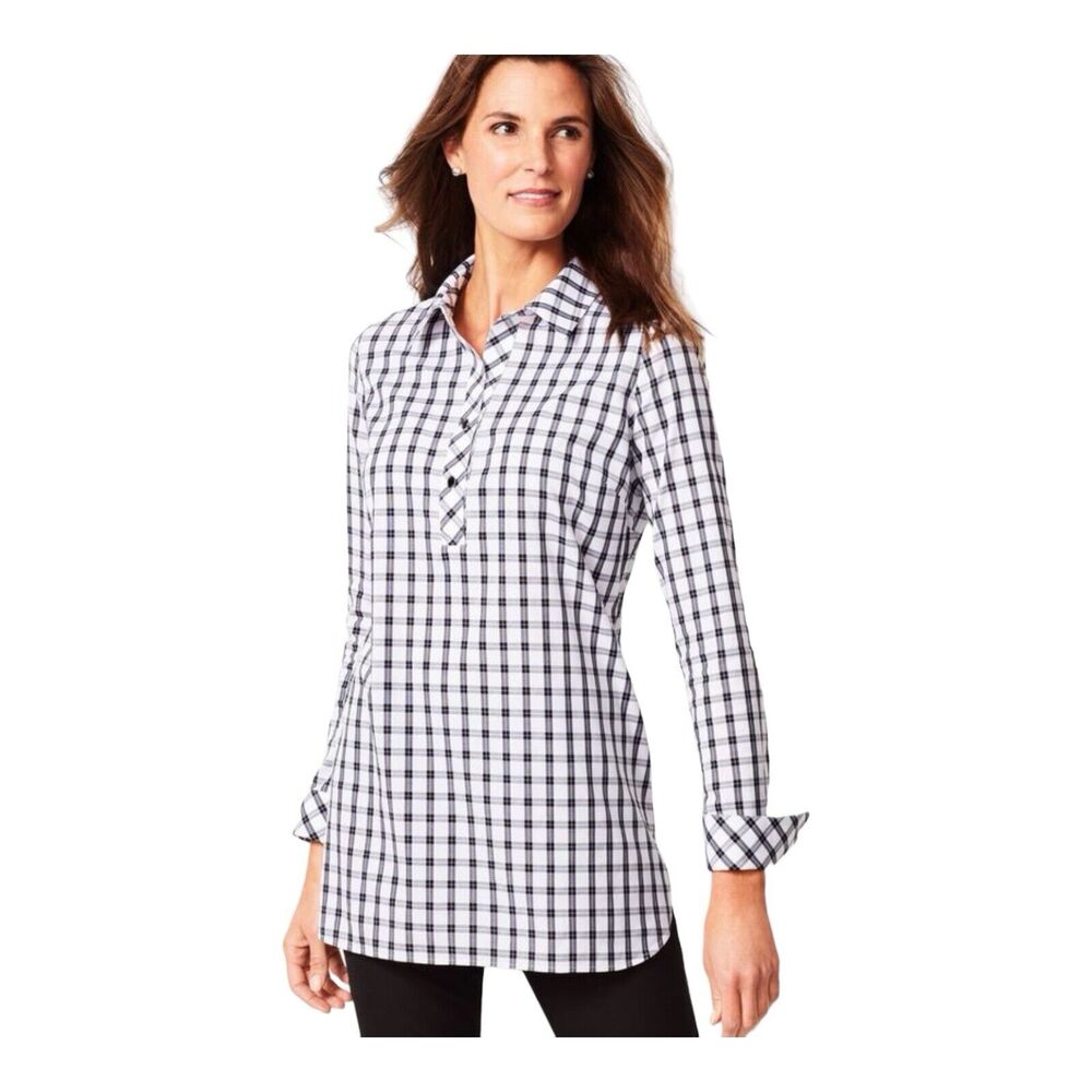 Talbots Women's Blouse Plus Size 16W Plaid Black Pullover 1/4 Button Long Sleeve
